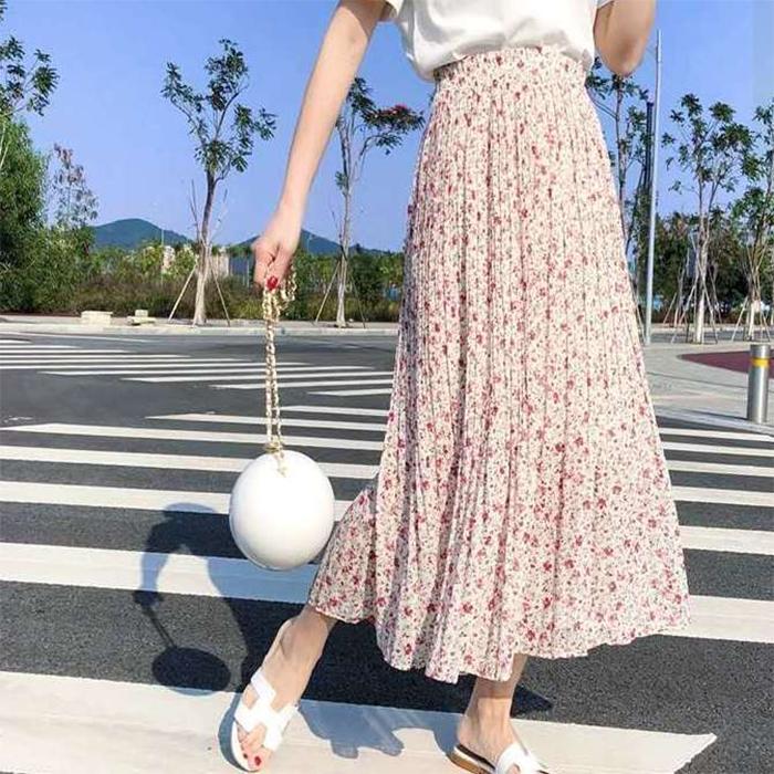 Pleated Floral Skirt Summer Women's High Waist Mid-length A-line Draping Chiffon Fairy Dress