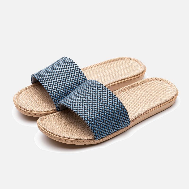 Summer Men and Women Couple Slippers Check Linen Slippers Sweat-absorbent Non-slip Ultra-light Sandals and Slippers Comfortable Home