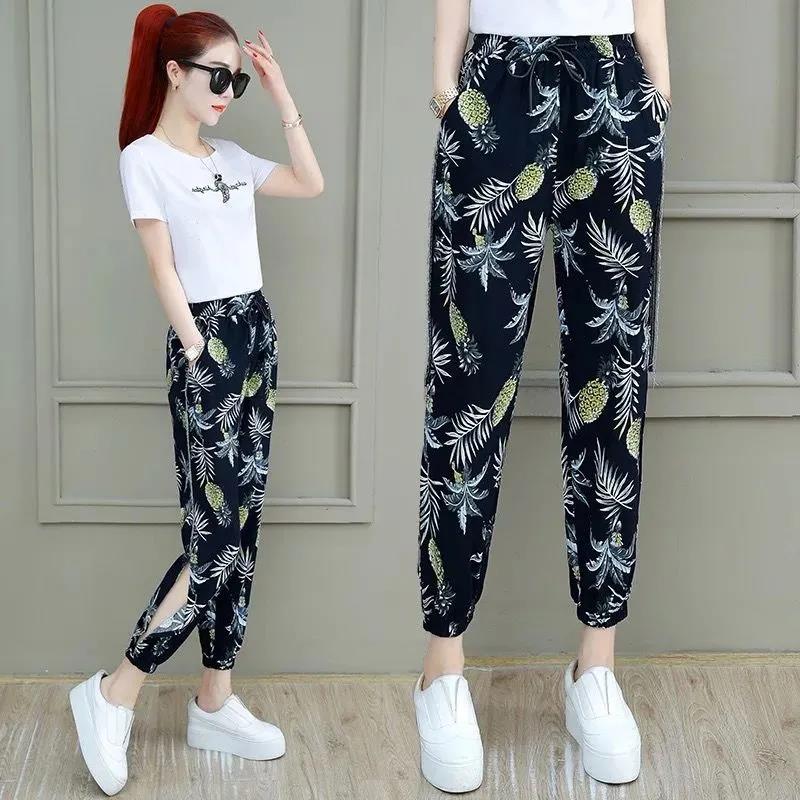 Elastic Waist Printing Boutique Harlan Cotton Trousers Nine Minutes Pants Women Loose Summer High Waist Thin Thin Casual Pants Women