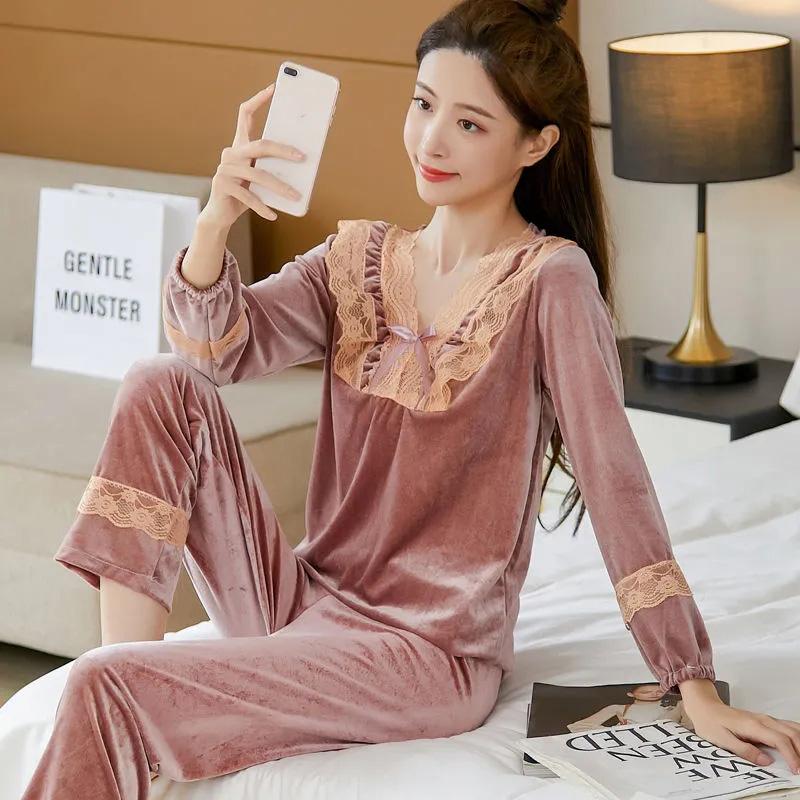 Women's Lace Bow Knot Gold Velvet Pajama Set V-Neck Solid Color Loose Comfortable Two-piece Set Out Wear Long Sleeves Nightgowns Sleeping Set