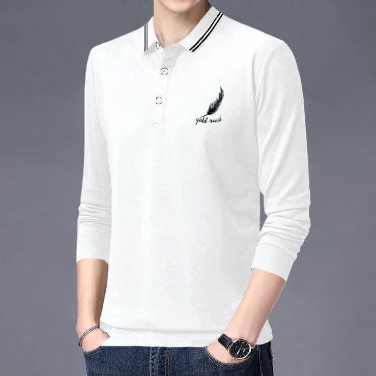 Men's Embroidered Long Sleeve Polo Shirt Cotton Large Size Lapel T-Shirt High Quality Bottoming Solid Color Top