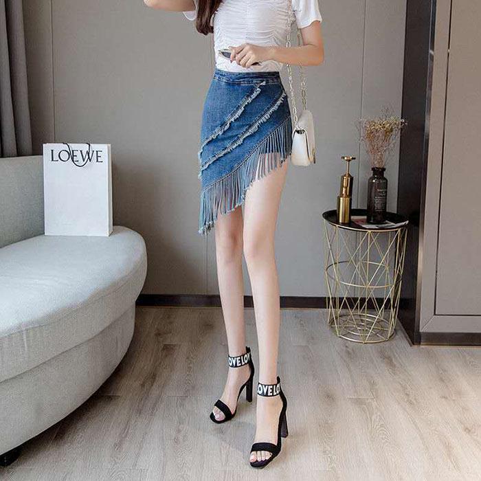 Pofulove Women High Waist Slim Fringed Denim Skirt Anti-light Bag Hip Skirt Casual A-line Skirts
