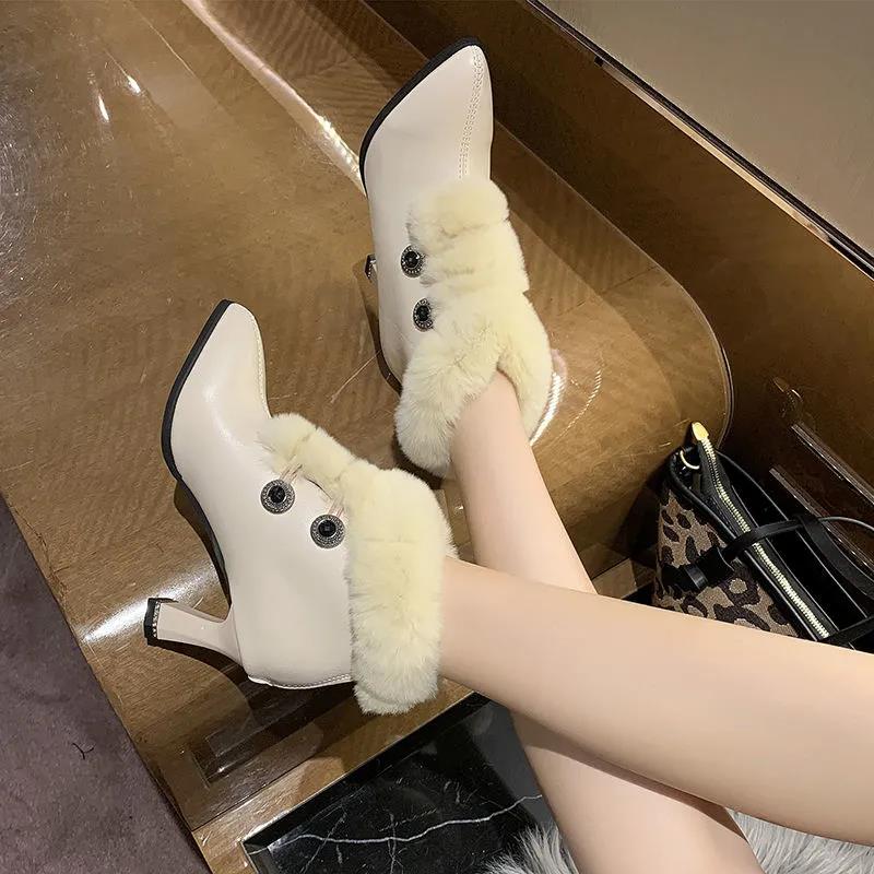 Winter Plush Velvet High-heeled Cotton Boots Thick-heeled Korean Women's Boots with Rhinestone Heel Buckle Shoes