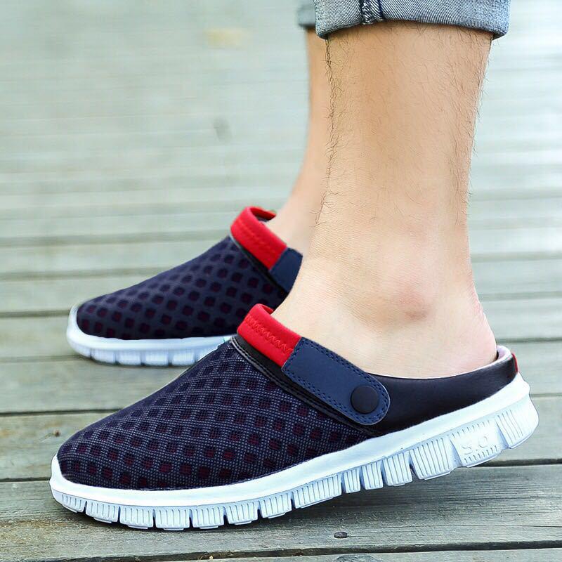 Summer Couple Mesh Sandals Casual Hollow Breathable Men's and Women's Beach Shoes Large Size Solid Color Half-slip Sandals