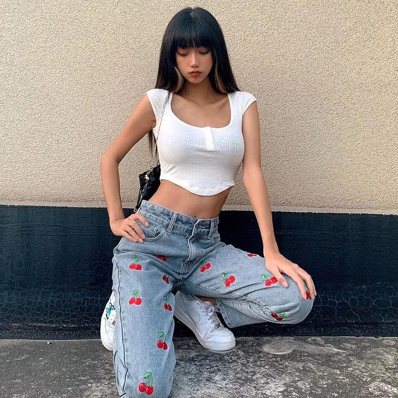 European and American Small Fresh Cherry Embroidery Leg Length High Waist Jeans Sweet Cool Girl Heart Casual Trousers