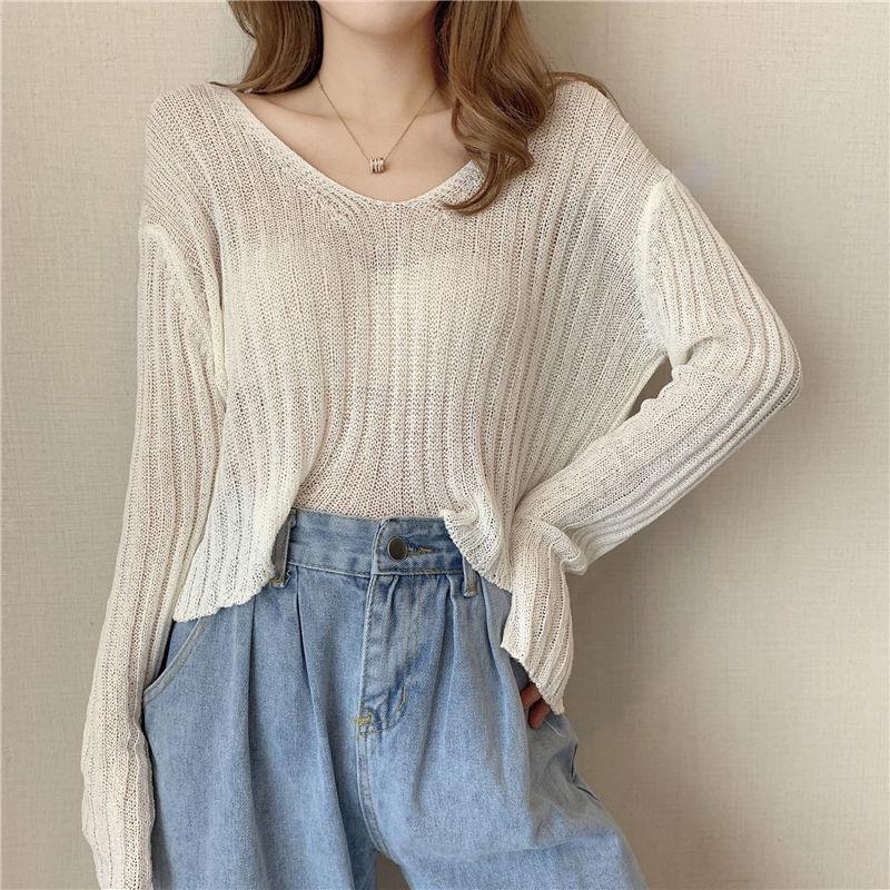 Girly White V-neck Sweater Women Spring and Autumn Korean Loose Thin Long-sleeved Sunscreen Top