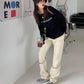 Skinny Design Inductive Chain Straight Jeans Female Loose High Waist Wide Leg Pants Personality Street