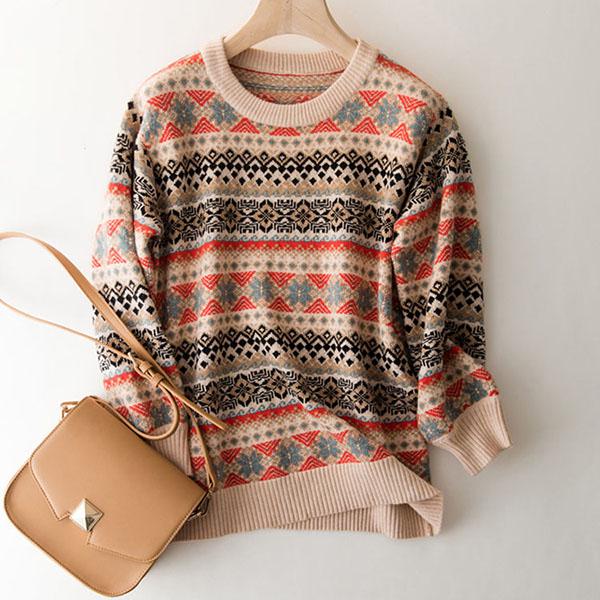 Round Neck Vintage Jacquard Woollen Sweater Women  Loose Outer Wear/bottoming  Knitted Pullover Top