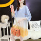 T-shirt Dress Stitching Color Gradient Women Dress Girl Loose V-Neck Batwing Sleeve Casual Long  Big Loose Home Comfort Outer Convenient