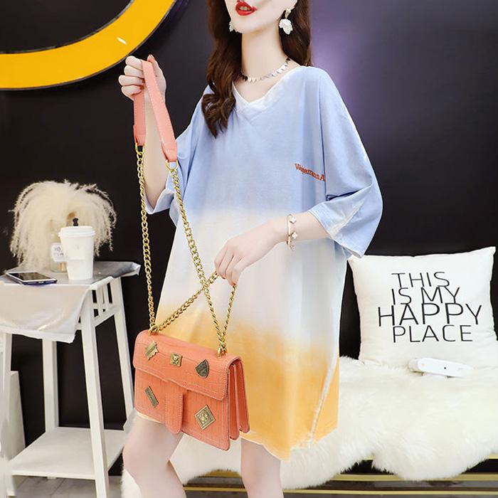 T-shirt Dress Stitching Color Gradient Women Dress Girl Loose V-Neck Batwing Sleeve Casual Long  Big Loose Home Comfort Outer Convenient