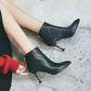Women Boots Autumn Winter High Heel Warm Pointed Toe Mid-Calf Slip on Motorcycle Shoe Fashion
