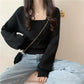 Sweater Women's Puff Sleeve Knitwear Fake Two Piece Square Neck Pullover Top Korean Loose Jumper Trendy Sweater Sexy