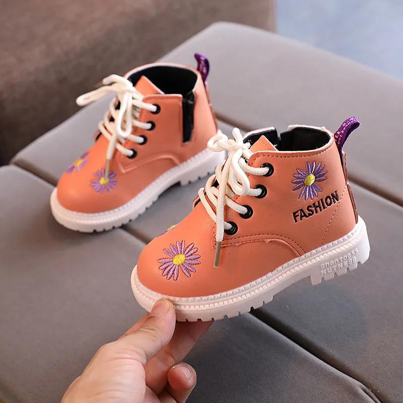 Children's Martin Boots Girls Autumn Little Fresh Sewing Flowers Princess Boots Children Solid Color Casual Short Boots
