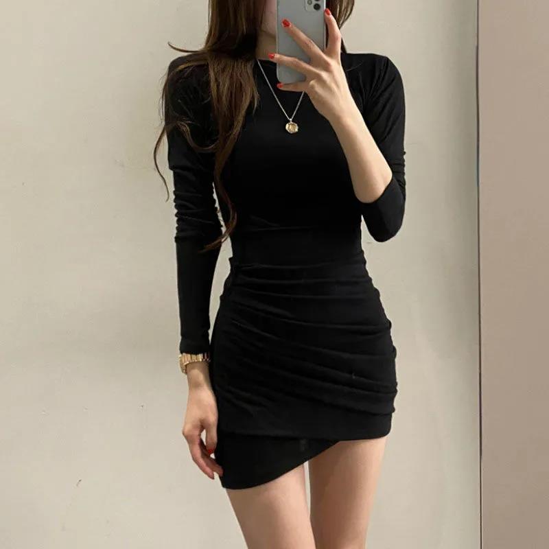 Women's Pleated Long-sleeved Bottoming Dress Korean Style Autumn and Winter Slim Sexy Slim Solid Color Waist Bag Hip Skirt Long Skirt