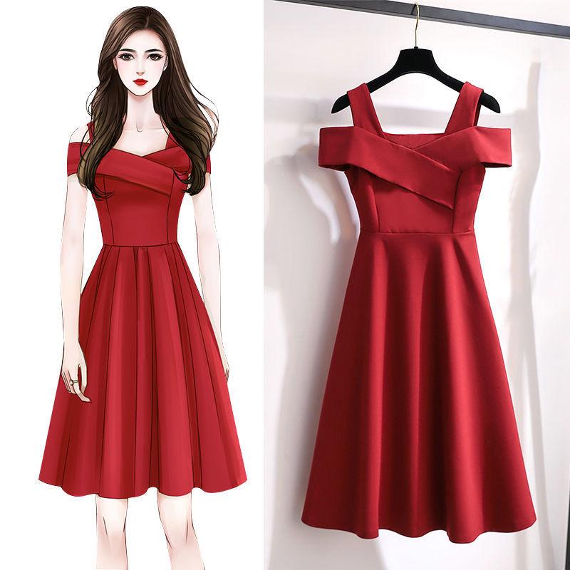 Fashion  Women's Dress Mid-length Plus Size Off-the-shoulder Dress Women's Slim A-line Pleated Dress  Summer