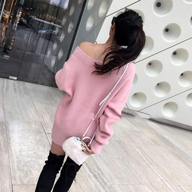 Women sexy Off-shoulder Sweaters  Autumn Winter Mid-length Loose  Knitted  pullover Sweater Dress