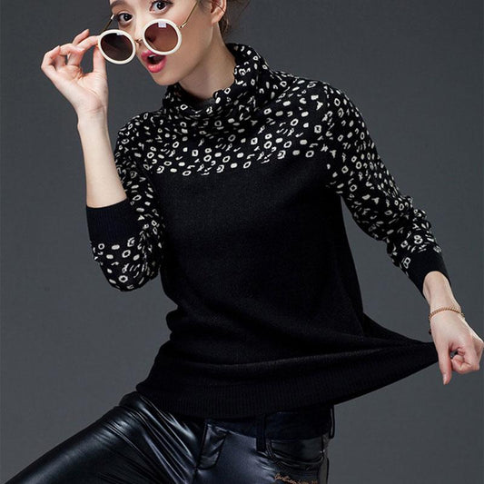 Autumn Winter Fashion Leopard Sweater Women Loose Turtleneck  Pullover Sweater Thick Warmth Slim Bottoming knitwear