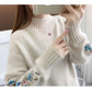 Half Turtleneck Sweater Thicken Women's Autumn and Winter Short Embroidery Flower Base Knit Long Sleeve Pullover