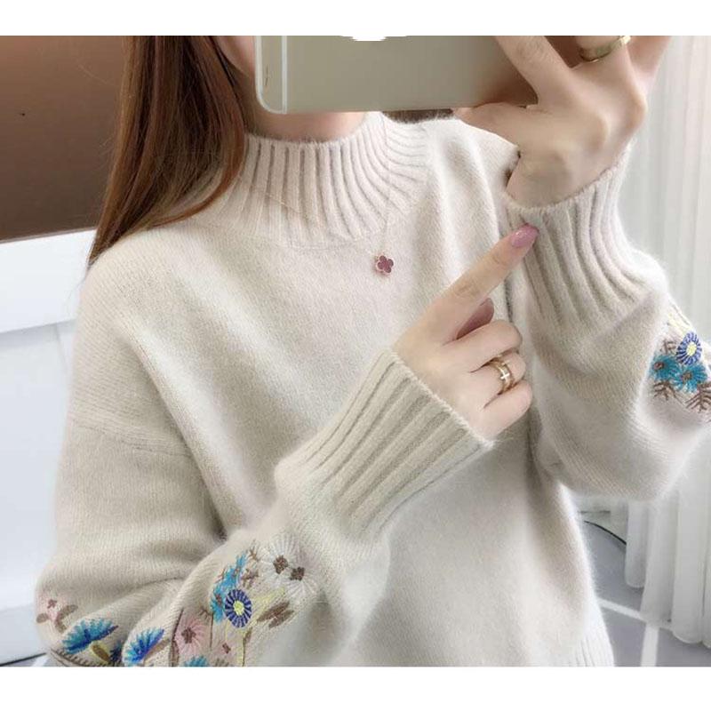 Half Turtleneck Sweater Thicken Women's Autumn and Winter Short Embroidery Flower Base Knit Long Sleeve Pullover