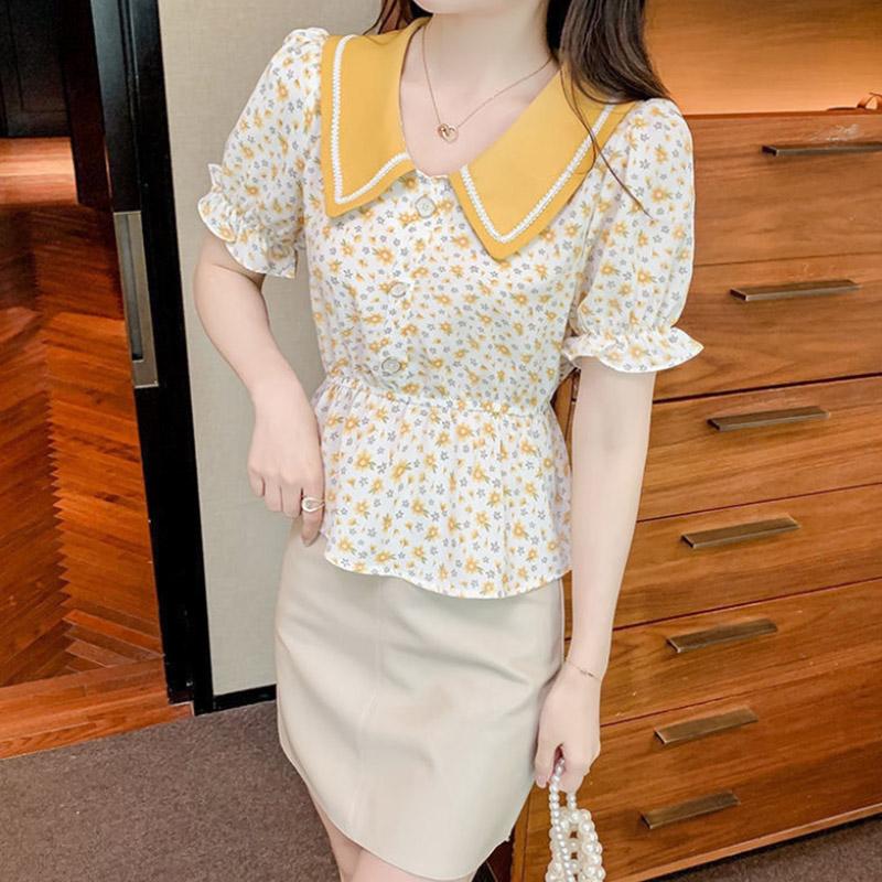 Contrast Color Doll Collar Short-sleeved Floral Shirt Women's Summer Dress Waist Short Shirt Top Trendy