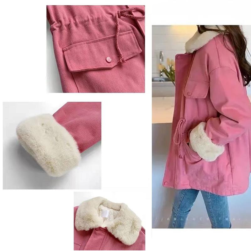 Women's Winter Plus Velvet Thickened Mid-length Cotton Coat Loose Drawstring Korean Style Cotton Coat Jacket Tooling Pie To Overcome Jacket Casual Top