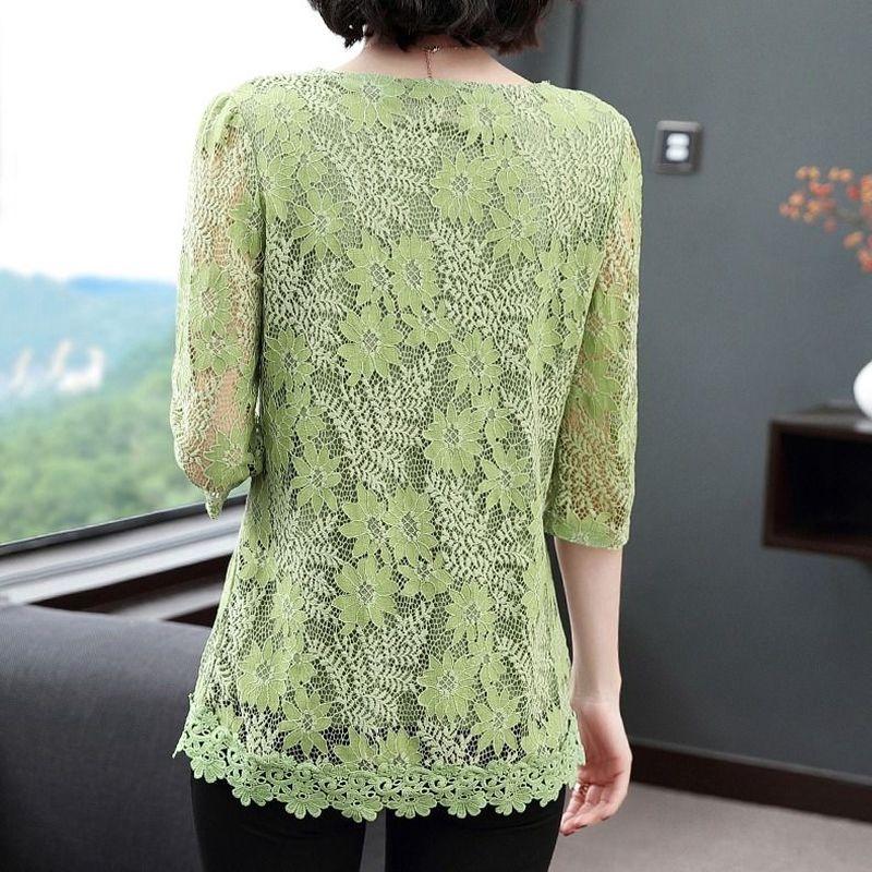 M-4XL Blouse Loose Round Neck 3/4 Sleeves Solid Color Fashion Shirt Plus Size Slim Fit Elegant Hollow Lace Shirt Top