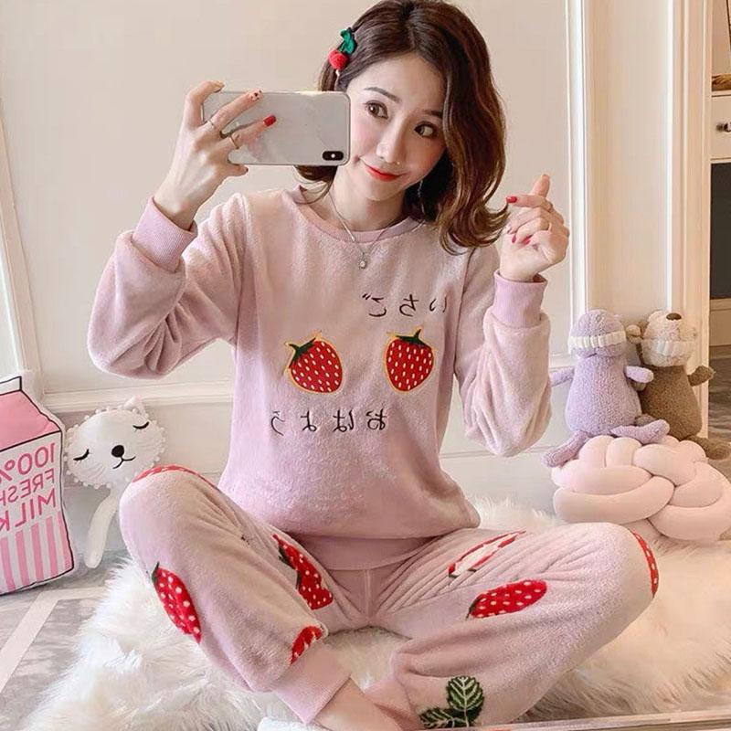 Autumn and Winter Flannel Sleepwear Women's Winter Long-sleeved Cute Cartoon Thick Coral Fleece Pajamas Suit