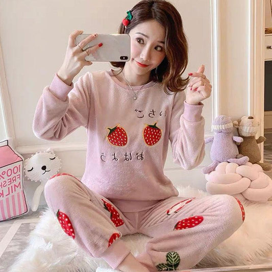 Autumn and Winter Flannel Sleepwear Women's Winter Long-sleeved Cute Cartoon Thick Coral Fleece Pajamas Suit