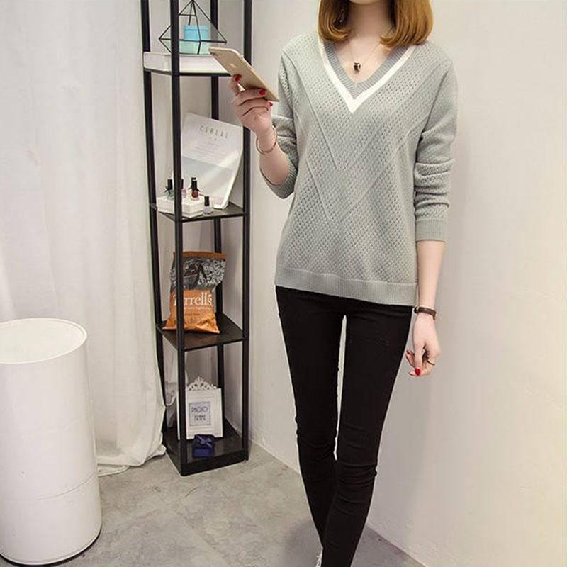 Pofulove Pullover Sweater Women V- Neck Soft Hollow Knitted Winter Knitwear Pull Femme Sweaters Tops