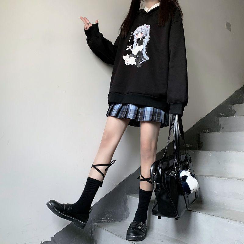 Anime Hoodies Japanese Oversized Loose Harajuku Sweatshirts Thick Fleece Fall Winter Pullovers Top Clothes Black Plus Size Fashion Streetwear Coat