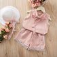 2PCS Summer Baby Girls Casual Korean Style Sleeveless Plaid Vest T-shirt Tops+Shorts Suits Costumes Set