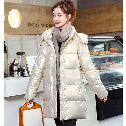 Down Cotton Jacket Winter Thicken Warm Loose Fashion Color Glossy Disposable Stand Collar Mid-length Cotton Jacket Women