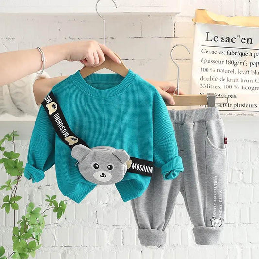 Boys Spring Suit Spring and Autumn Long-sleeved Sweater Two-piece Set Baby Cartoon Bear Shoulder BagTop Pants Two-piece Set