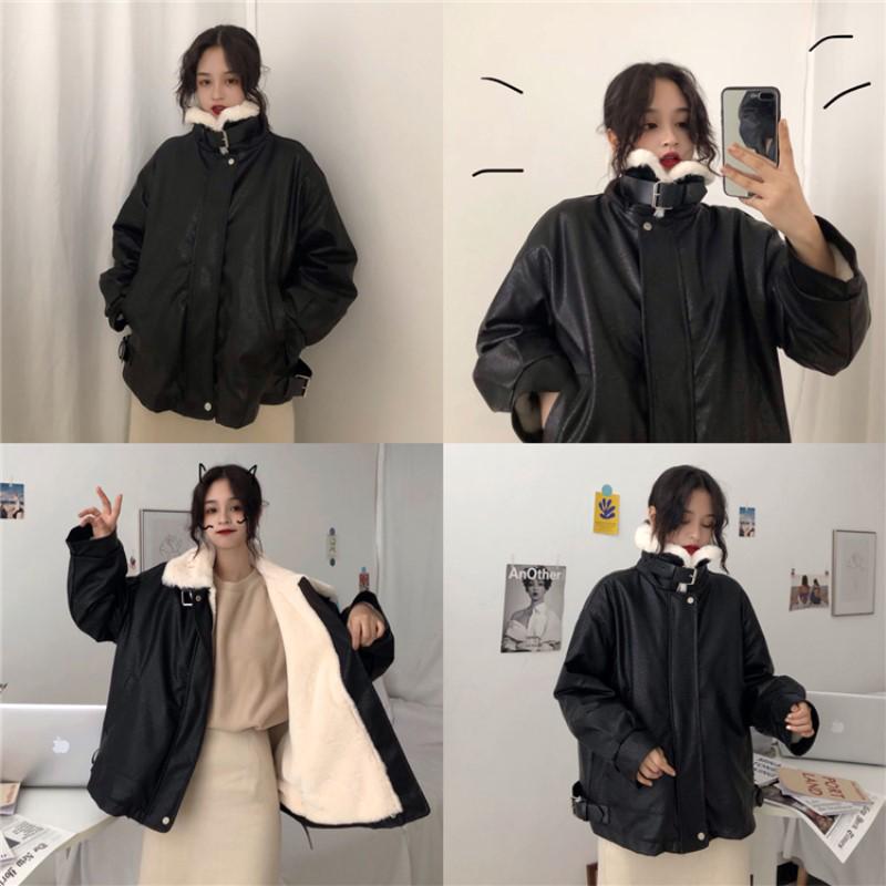 Women's Thick Loose Motorcycle Clothing Fur Collar Leather Women's Fashion Casual Thick Coat