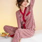 Women's Spring Autumn Red Pajamas Set Silk Long-sleeved V-neck Shirt Pants Two-piece Set Out Wear Large Size Loose Thin Homewear Luxurious Nightgowns