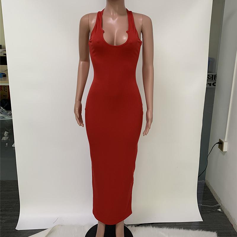 Spring and Summer Sling Dress Slim Sexy Long Dress Low-cut Solid Color Standard Size High Elasticity