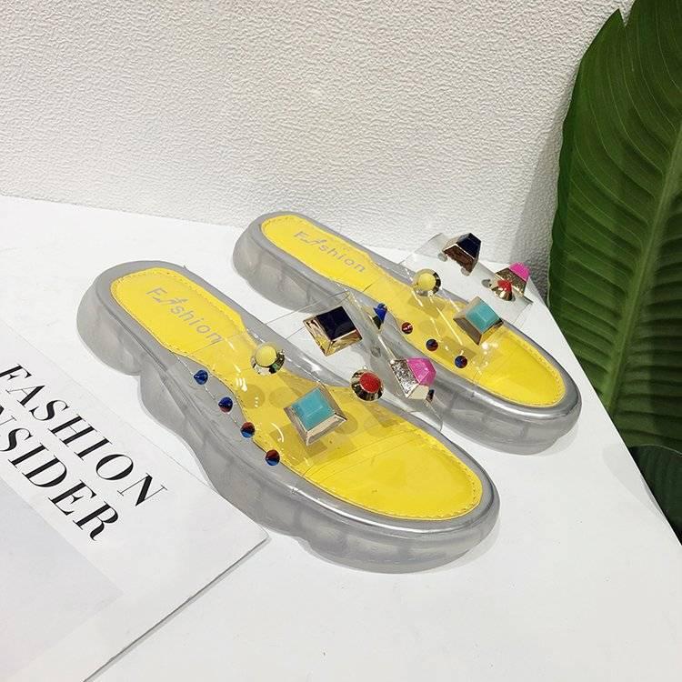 Student shoes ins slippers female crystal sole sports sandals transparent word belt colorful rivets