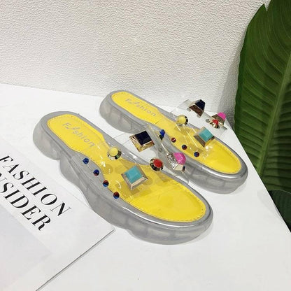 Student shoes ins slippers female crystal sole sports sandals transparent word belt colorful rivets