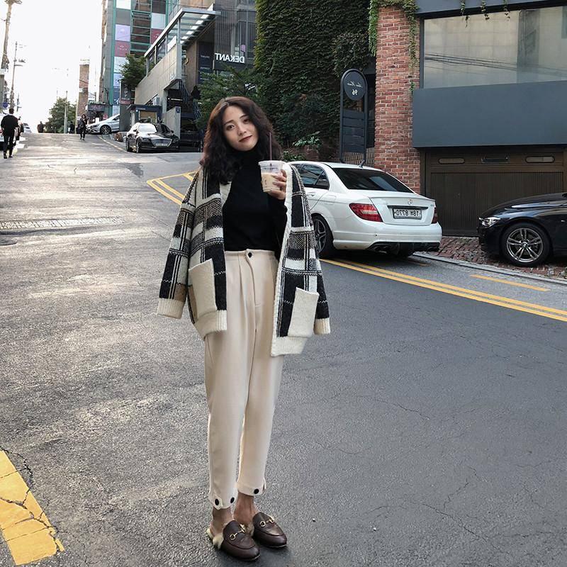 Retro Knit Cardigan Women's Loose Stitching Contrast Sweater Women's Fall Winter Top