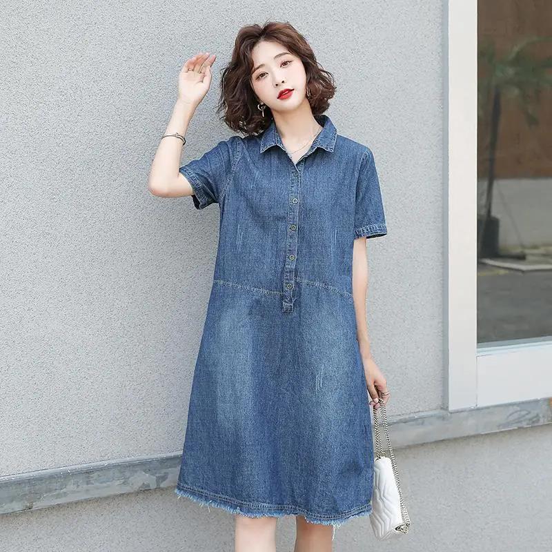 Long Dress Long Sleeve Shirt Dress Women Denim Long Dresses Pocket Button Shirt Print Dress Casual Loose Dresses 2021