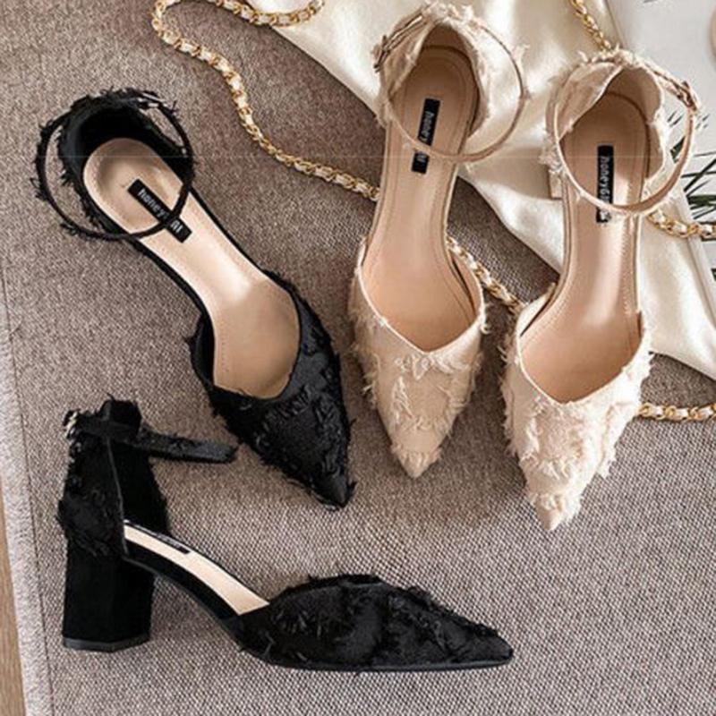Stiletto High Heels Spring Style All-match Pointed Toe Strap French Toe Cap Spring Hollow Thick Heel Shoes