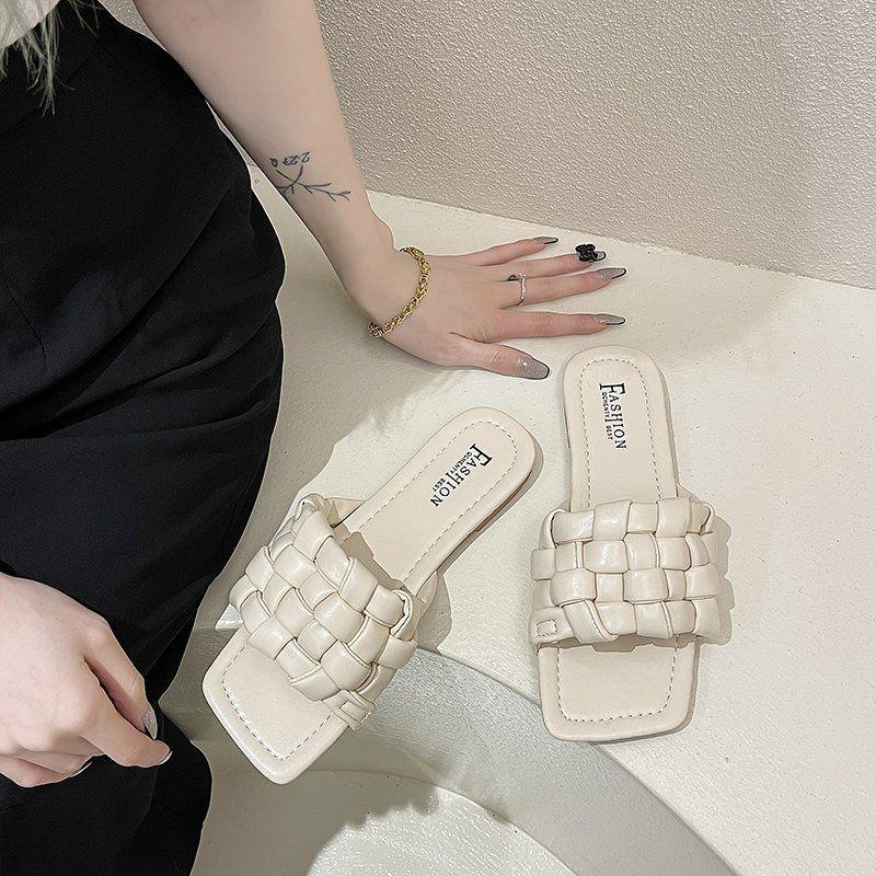 Slippers Women's Woven Square Toe Sandals Women's Summer Korean Version of All-match Flat-bottom Breathable Sandals Women's Outer Wear