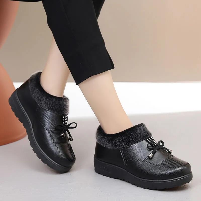 Winter Plus Velvet Warm Women's Cotton Shoes Soft Sole Thickened Waterproof Non-slip Leather Boots