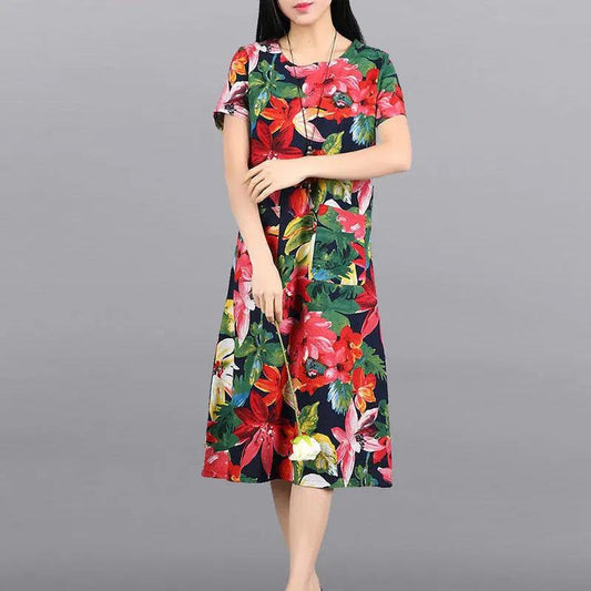 Women's Summer Short-sleeved Mid-length Dress Floral Round Neck Large Size Skirt