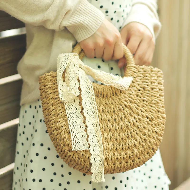Lace Bow Basket Bags Women Casual Hollow Woven Shoulder Bag Knitted Handbags Large Capacity Vintage