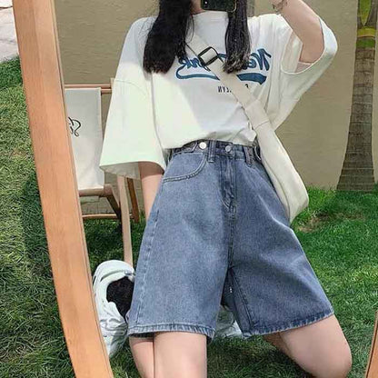Five Points Denim Shorts Women's Summer High Waist Loose Wide Leg Pants