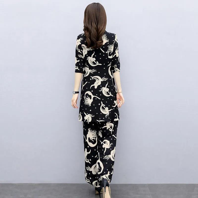 Black Suit Women's Summer Two-piece Suit Slim Wide-leg Pants + Long-sleeved Shirt Temperament Printed Suit Suit Women