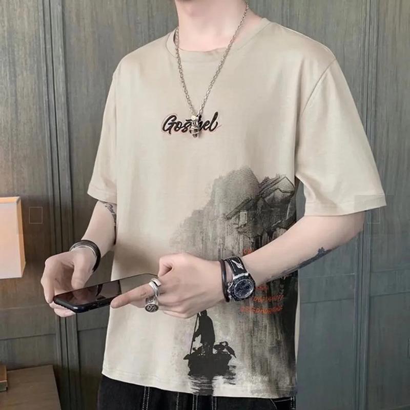 Short-sleeved T-shirt Men's Spring and Summer Men's Ice Silk Print Thin Loose Summer Short-sleeved T-shirt