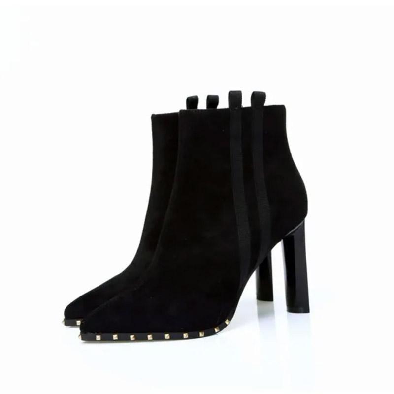 Autumn Winter Thick with High-heeled Ankle Boots Women Plus Velvet Pointed Short Boots Martin Boots