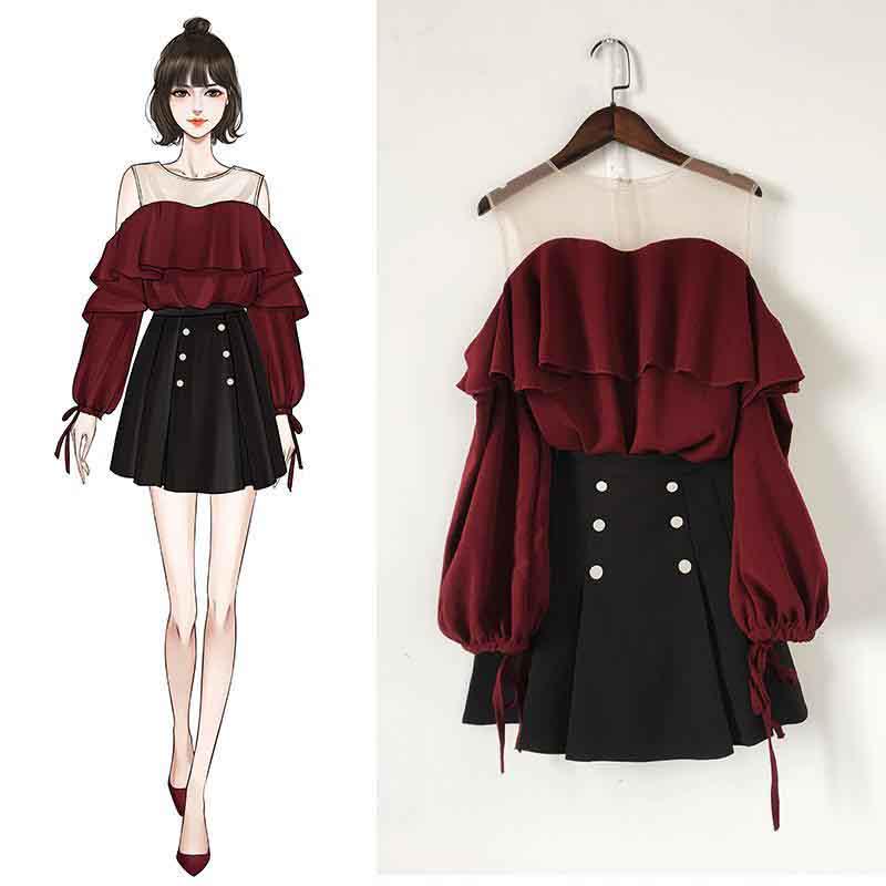 Pofulove Women Ruffled Long Sleeve Shirt+Sexy Pleated Skirt 2pcs Office Lady T-shirt Skirt Suits